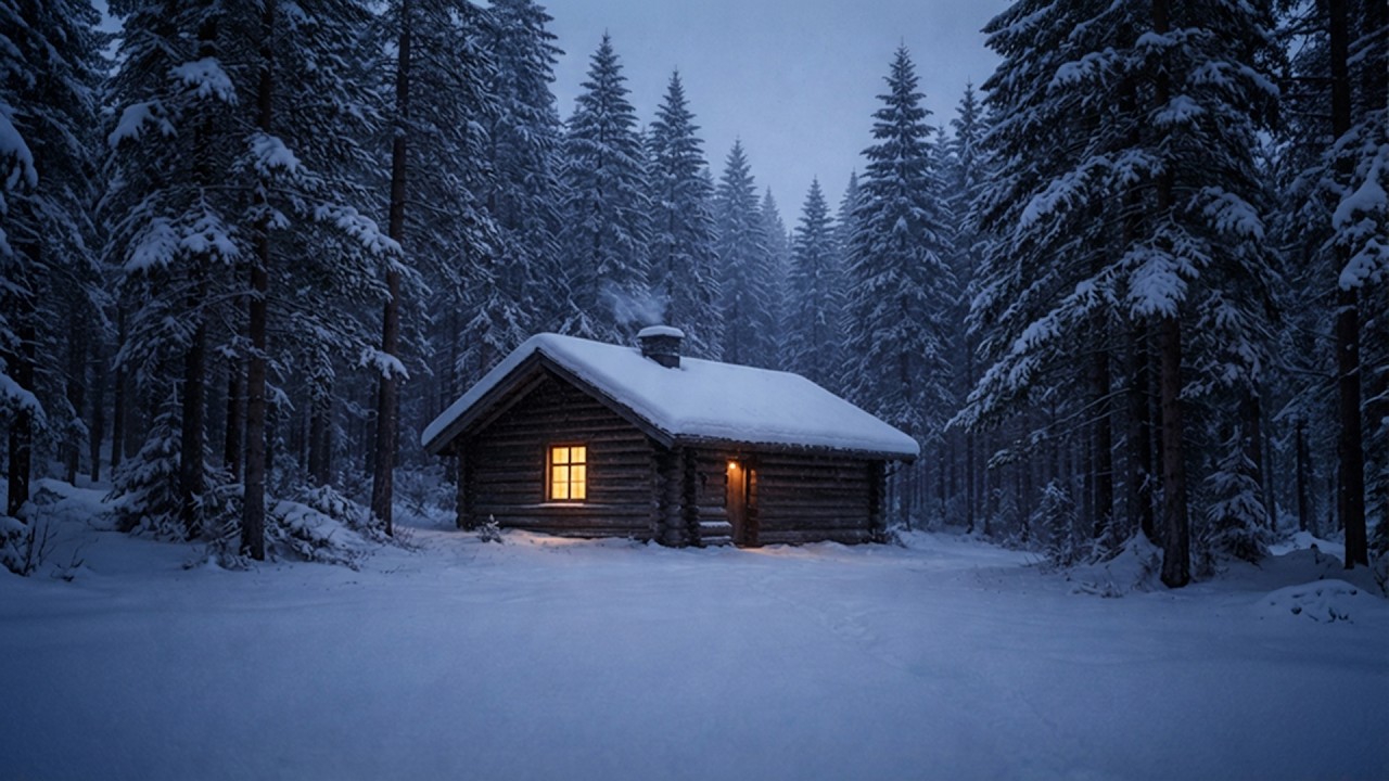 Winter Cabin in the Woods | Blue Hour Ambience (4K)