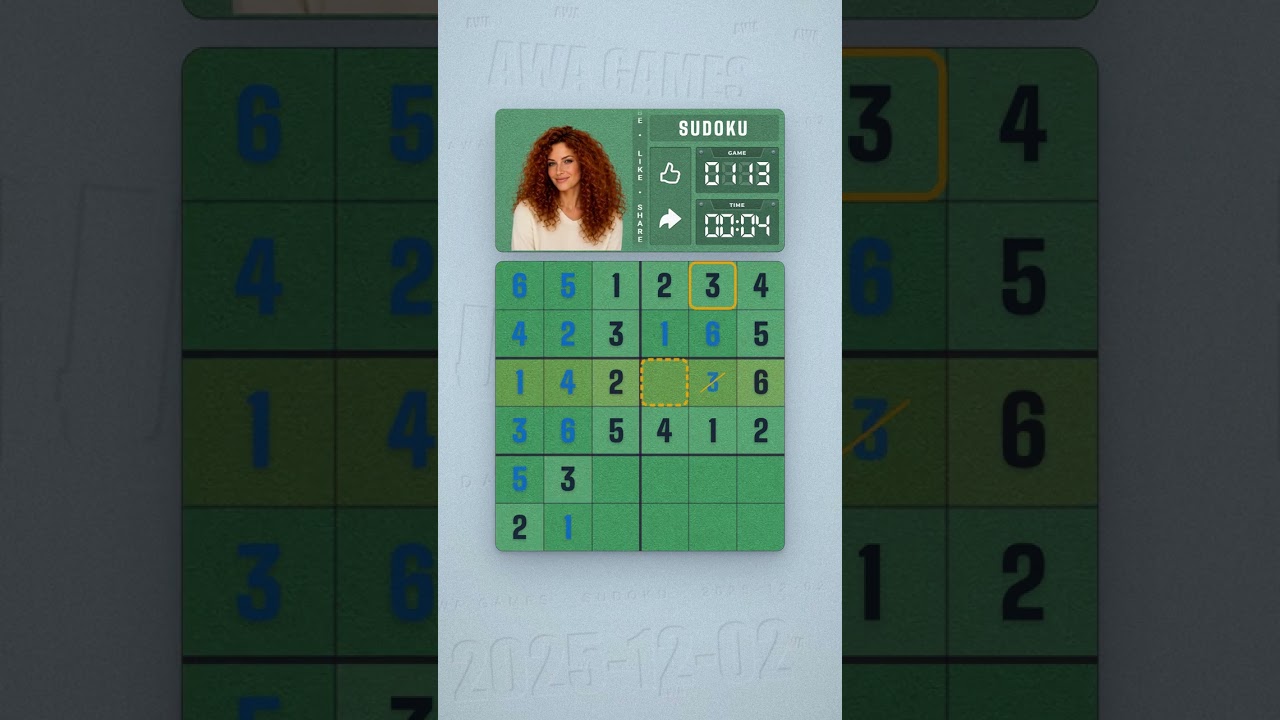 LinkedIn Mini Sudoku #113 solved board for December 2, 2025, 6x6 grid