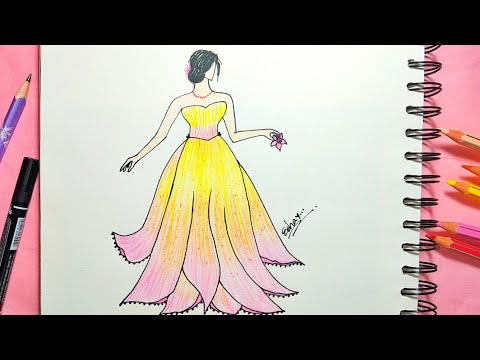 Lily flower theme dress design. Fashion illustration pencil sketch idea for beginners. Esha's Art's
