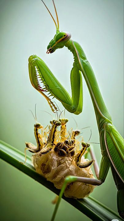 Mother Mantis incubates eggs and hatches a brood of baby Mantises #insects #mantis #nature