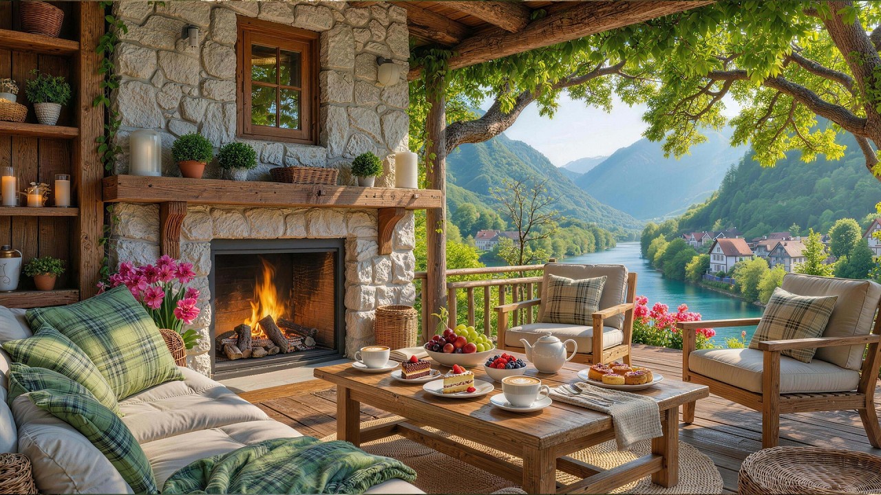 Cozy Spring Porch Ambience 🌿 Relaxing Piano Music and Fireplace for ...