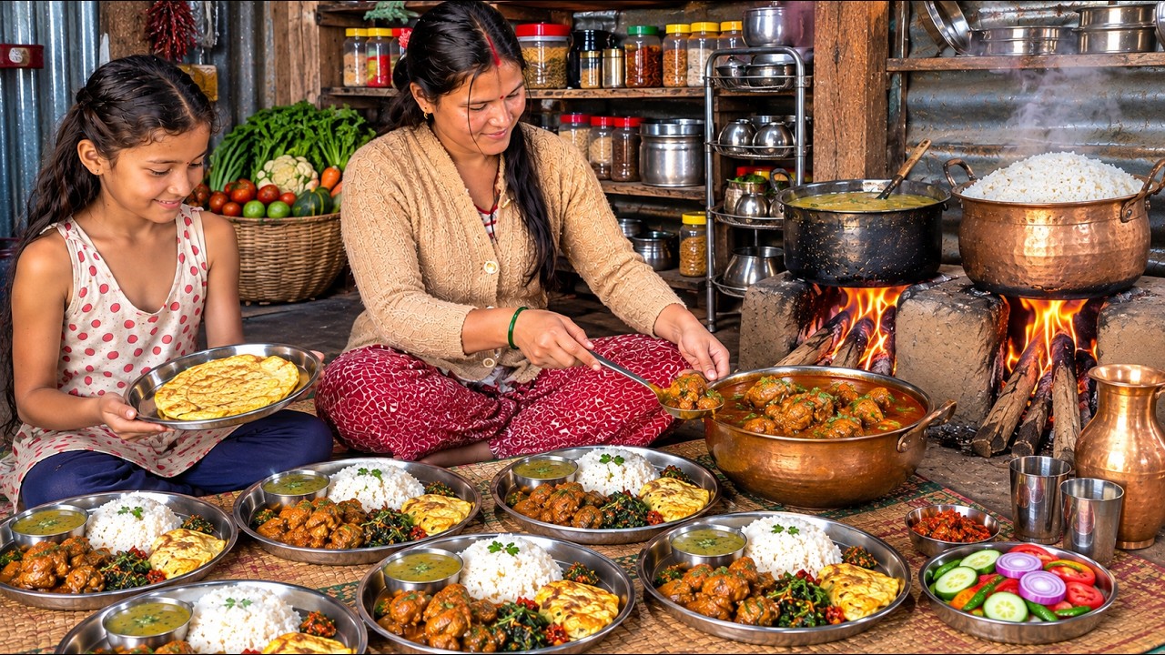 Nepali Village Cooking || Simi Dal Bhat, Spicy Chicken Curry & Egg Bread on a Wood-Fired Stove ||