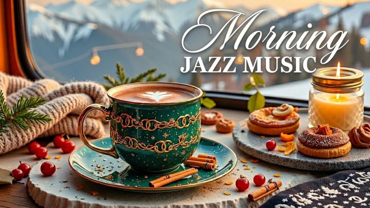 Morning Jazz Music 🏔️ Beautiful Snowy Mountain Chalet View with Coffee & Cookies - Happy Jazz