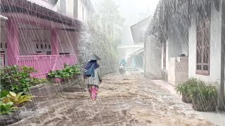 walking during heavy rain and storm in a beautiful Indonesian village, soothing Rain Sounds