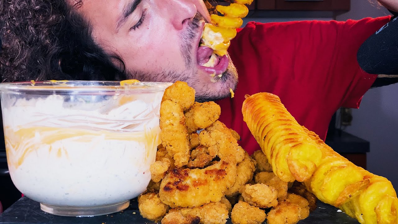 Картошка Торнадо! + Жареные куриные кусочки на пахте! * АСМР МУКБАНГ НЕ РАЗГОВОРИТЬ nomnomsammieboy