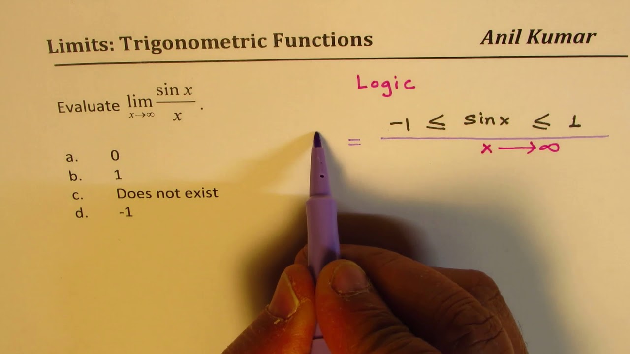 Evaluate Limit as x approaches infinity for (sinx) over x - YouTube