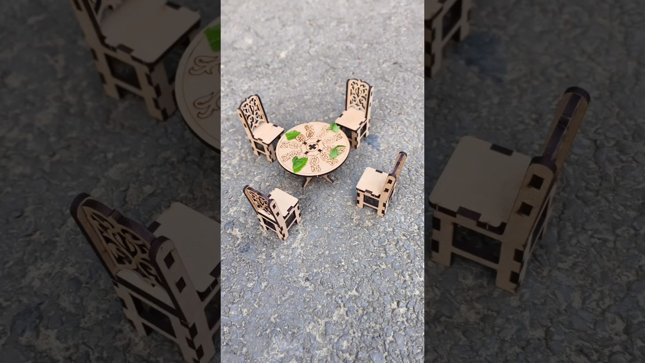 wooden dollhouse furniture set which includes table and four chairs unboxing 