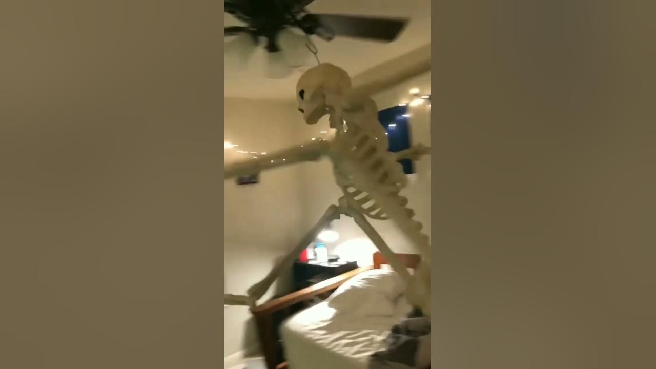 skeleton hanging on fan meme with funkytown low quality 1980