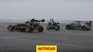 Ariel Atom V8 vs 600bhp rallycross Citroen DS3 vs BMW HP4 superbike drag race  autocar.co.uk