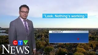 WATCH: CTV News Regina meteorologist pulls off forecast full of funny quips amid a power outage. screenshot 2