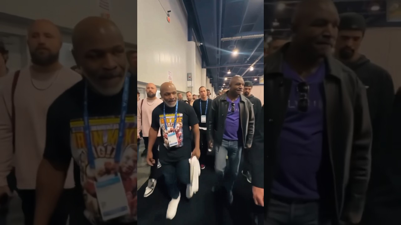 Mike Tyson BOSS ENTRANCE with Evander Holyfield ahead of Jake Paul press conference!