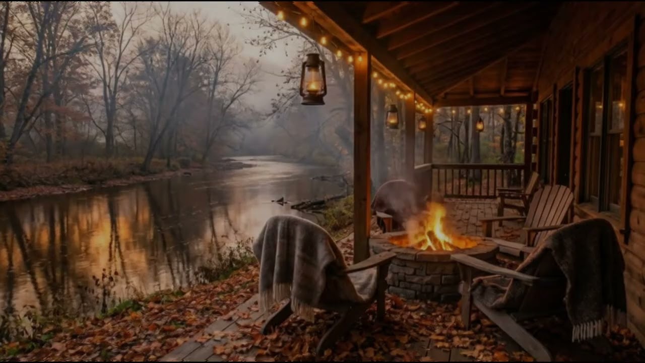 Peaceful Winter Firepit on a Snowy Riverside Porch | Relaxing Forest Nature Sounds