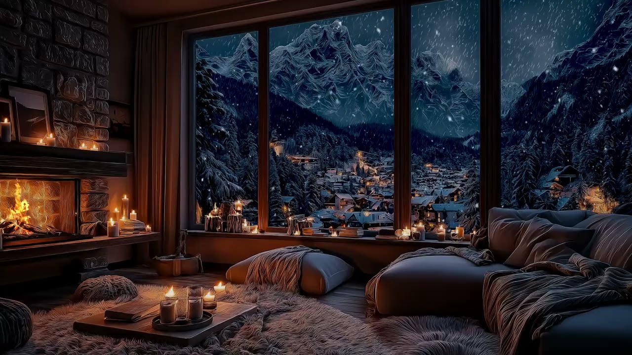 🕯️ Peaceful winter evening | Soft fire sounds and falling snow for ultimate relaxation.