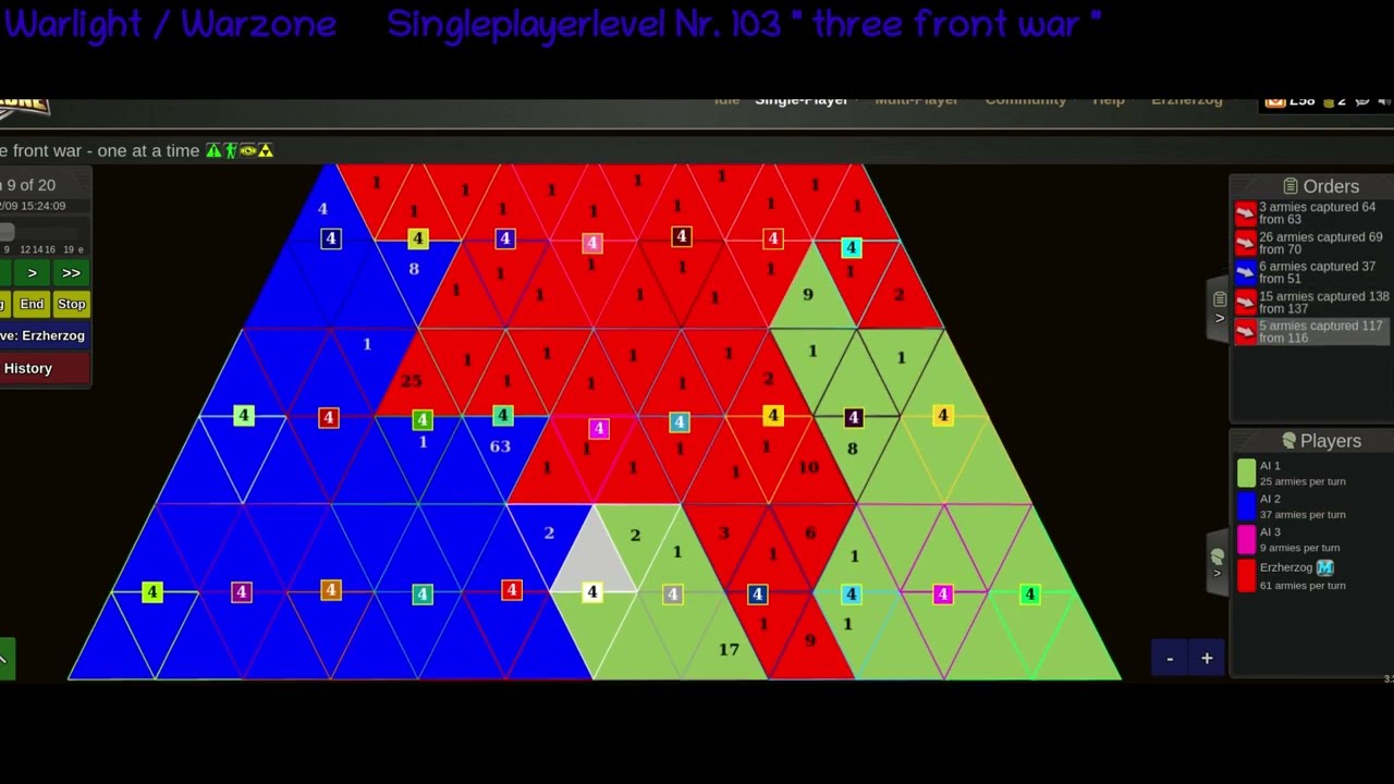 Singleplayerlevel 103 "three front war - one at a time" (goldstar) Warlight / Warzone
