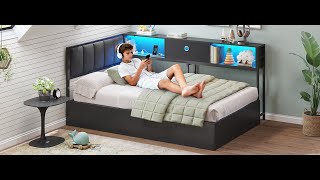Hasuit Corner Lift Up Storage Bed Frame with Charging Station & LED Lights
