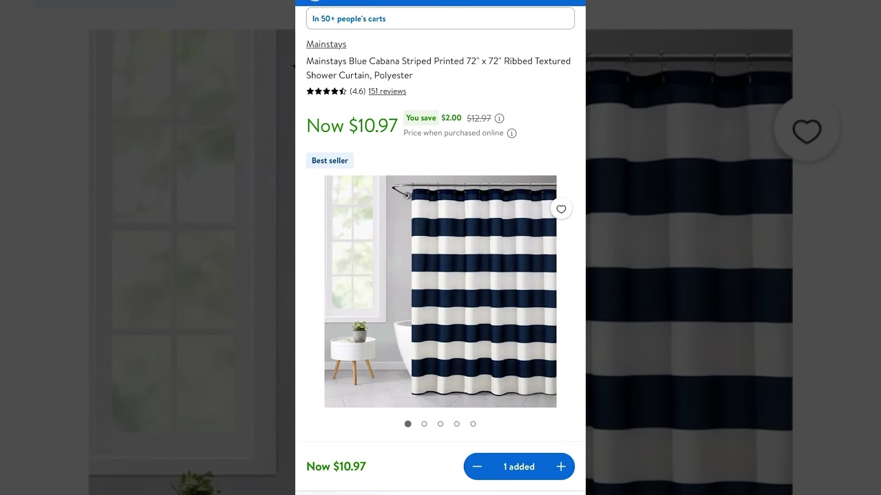 Deal $10.97 Mainstays Blue Cabana Striped Printed 72" x 72" Ribbed Textured Shower Curtain