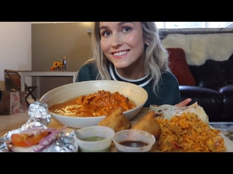 Indian food mukbang!! (Butter chicken, samosas, Naan and more)