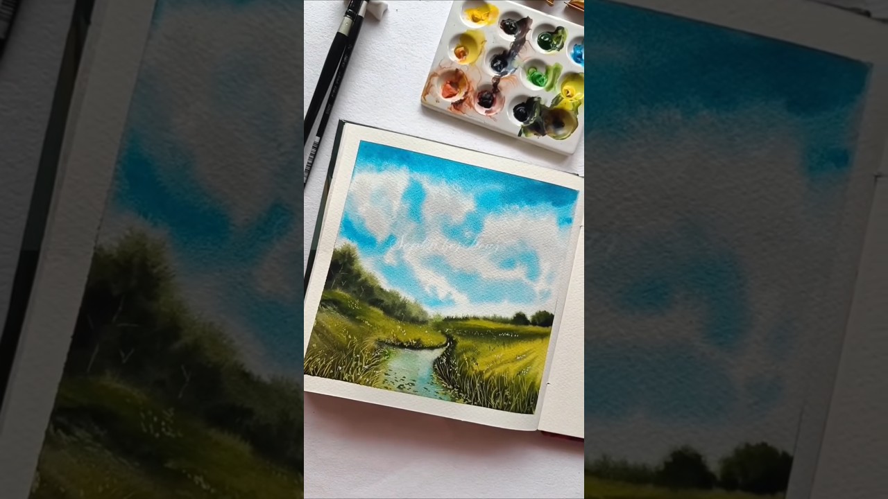 Landscape in watercolor #artshorts #painting #artistsonyoutube #relaxartonline #watercolorpainting