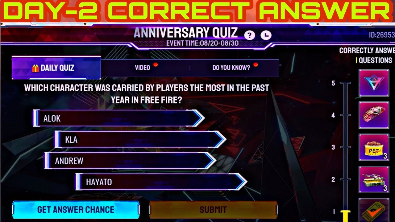 How to complete anniversary quiz event today free fire || ff quiz event day-2 correct answer.