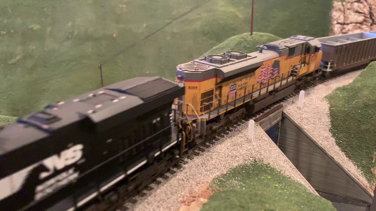 HO Overland Models Brass Locomotives lead Custom NS Coal Train