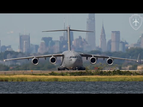 4K | US Air Force C-17 Globemaster III Powerful Takeoff from JFK Runway 04L | NYC Skyline Backdrop
