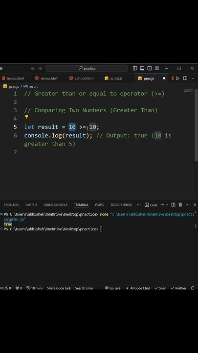 Greater than or equal to operator 🎉😍 | JavaScript tutorial 🔥💯 | #shorts ...