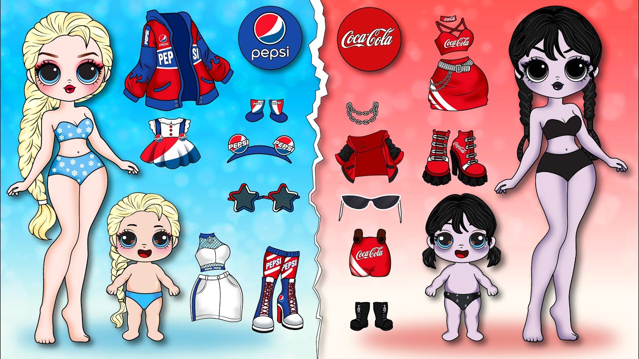 Fashion COCA & Fashion PEPSI: Elsa Family & Wednesday Family / DIYs Paper Dolls & Crafts