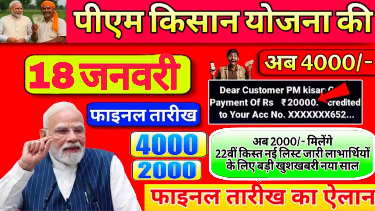 पीएम किसान योजना । 18 जनवरी 2026 की घोषणा । 22वी का किस्त का ऐलान लाभार्थियों के लिए बड़ी खुशखबरी