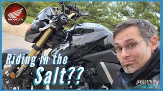 Should you ride your motorcycle on Salty Roads? Winter Riding - Honda CB1000R