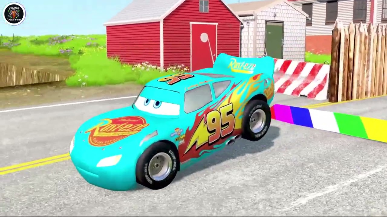 Triple Flatbed Trailer McQueen Transportation with Truck - Speedbumps vs Cars vs Train - BeamNG #16