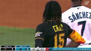Miguel Rojas tooth flies out of mouth After Taking Helmet To Face from Oneil Cruz