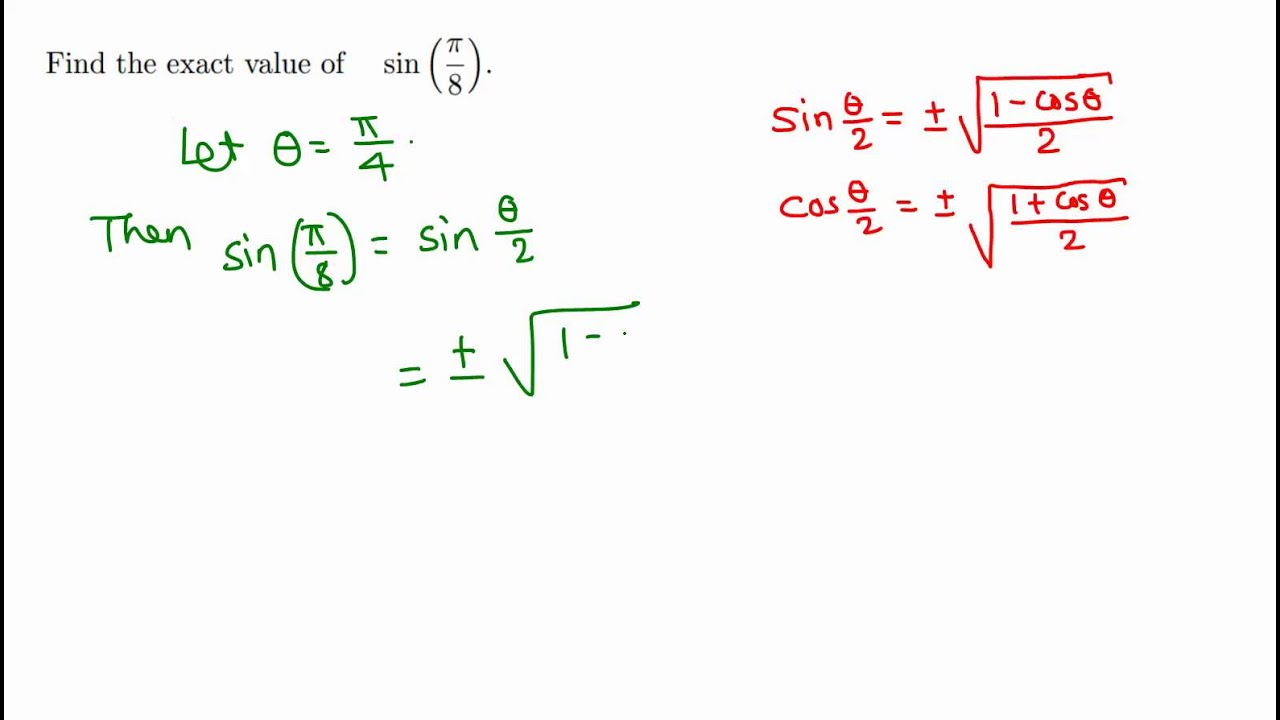 Trigonometry: Exact value of sin pi/8 (sin 22.5) - YouTube