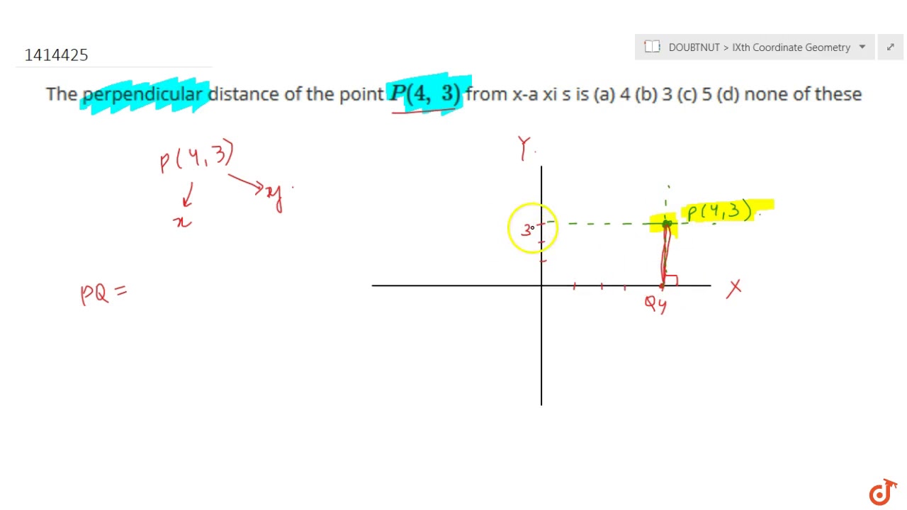 The perpendicular distance of the point `P(4,\ 3)` from x