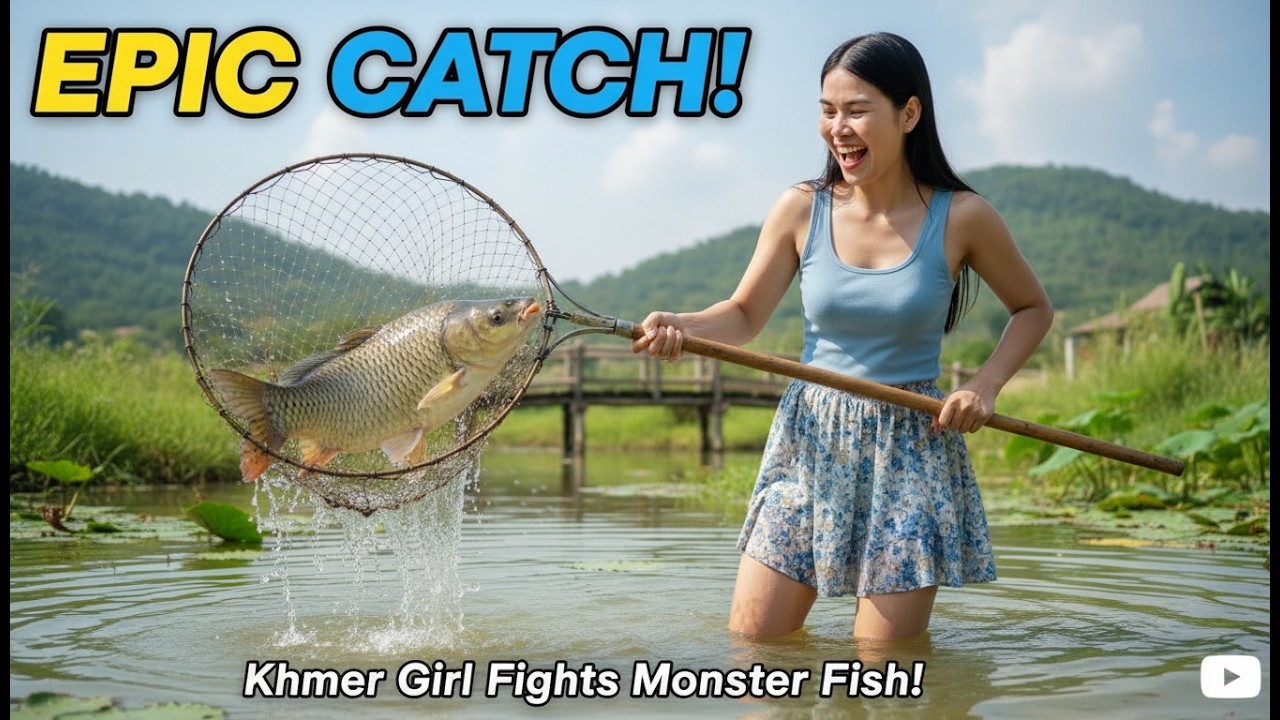 Beautiful women in the village catch fish during the harvest season