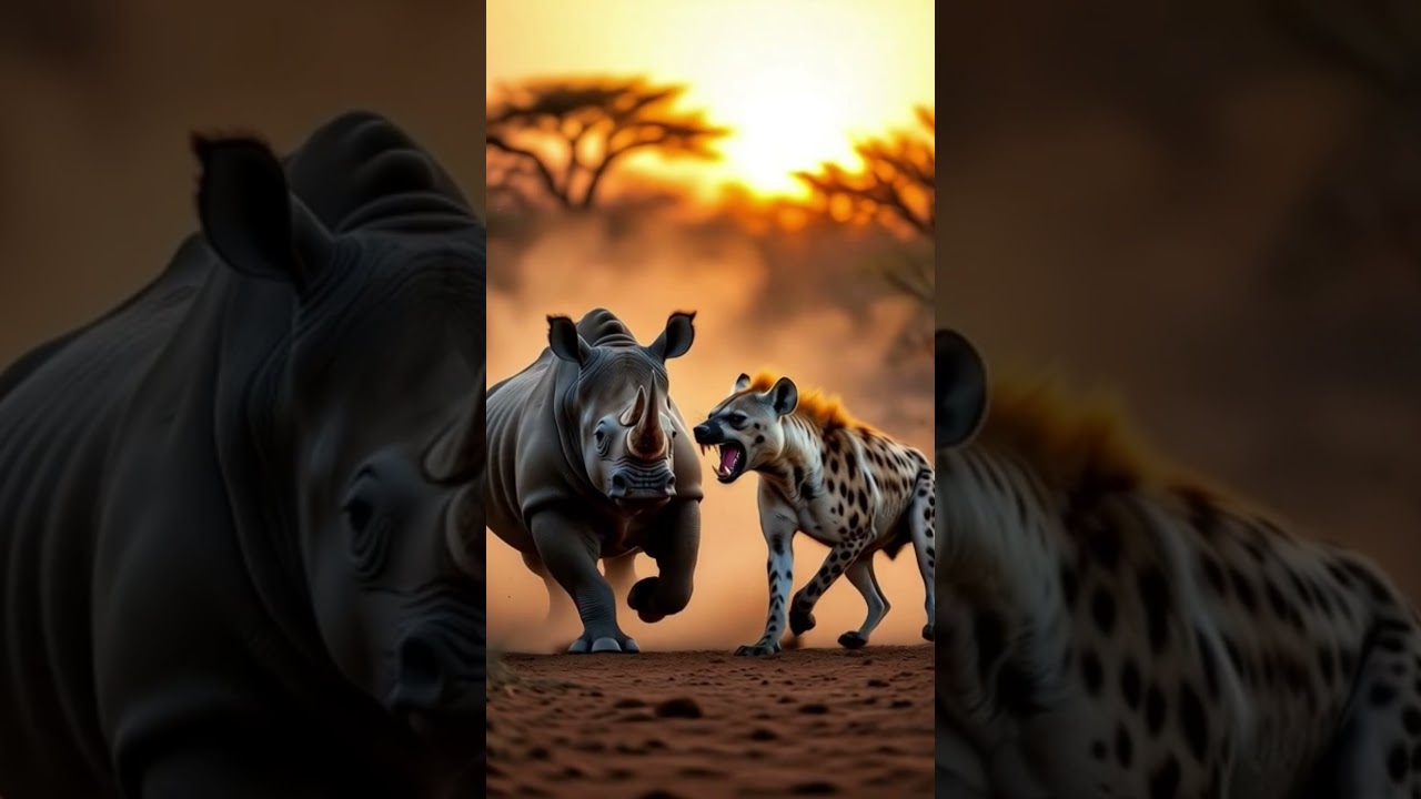 A powerful rhinoceros and a ferocious hyena battling aggressively #wildlife #shorts #shortsfeed