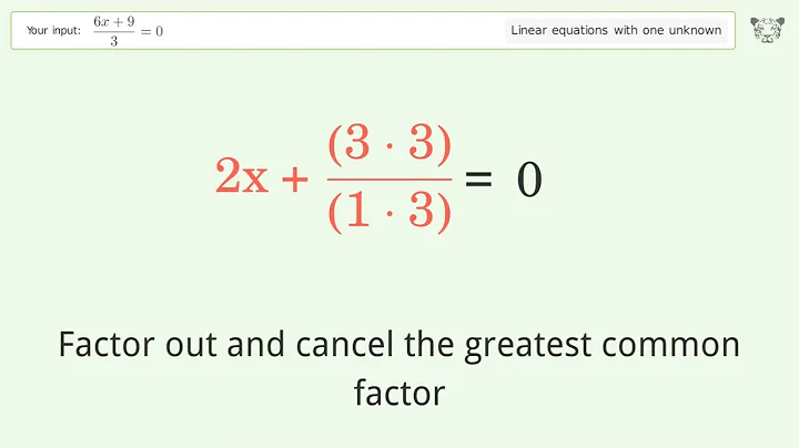 Linear equation with one unknown: Solve (6x+9)/3=0 step-by-step solution