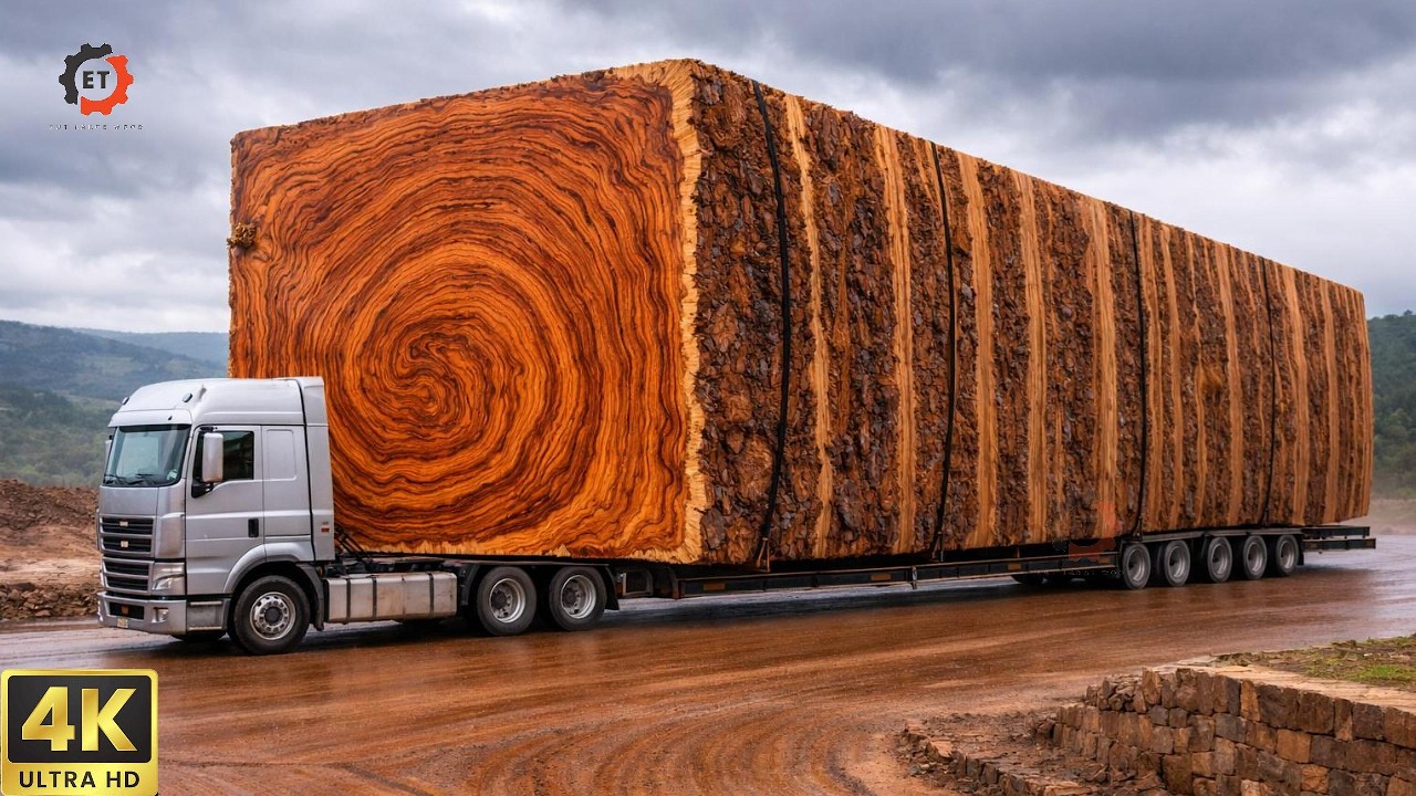 Giant Logs Transported by Heavy Machinery – Unique Wooden Tables Made Inside the Factory