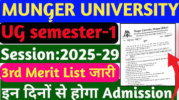 MUNGER UNIVERSITY UG SEMESTER-1 SESSION 2025-29 3RD MERIT LIST जारी| इन दिनों से होगा Admission 
