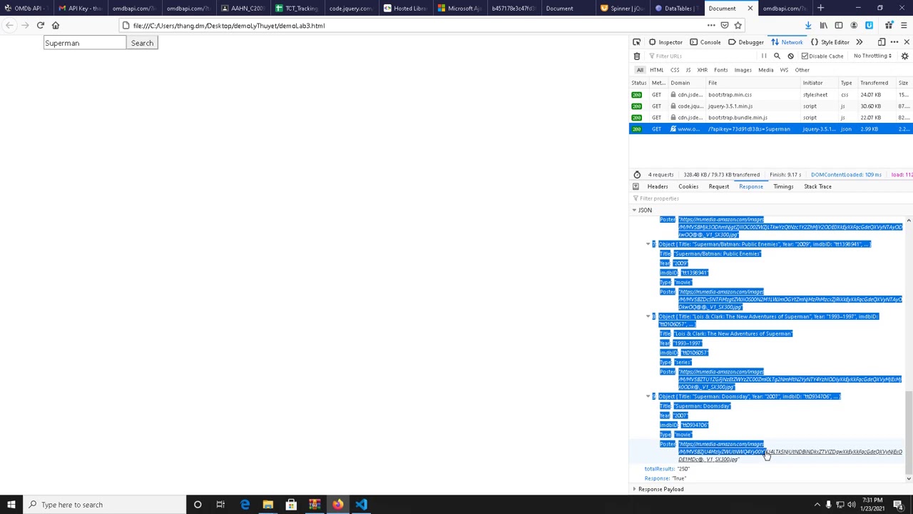 demo HTML+jQuery API consume OMDBAPI YouTube