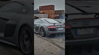 A matte grey Audi R8 drifting