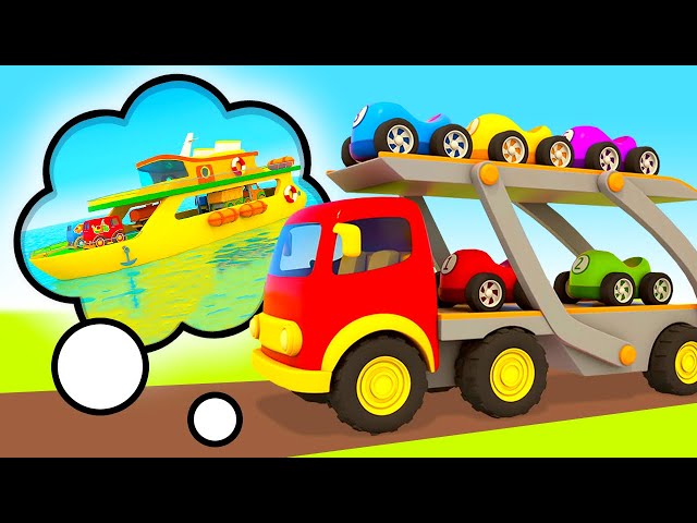 The car transporter with racing cars on a ferry. New full episodes. Helper cars cartoons for kids. class=