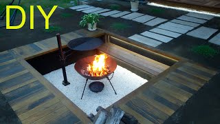 Alone! Fire pit with BBQ grill made from scrap wood + patio