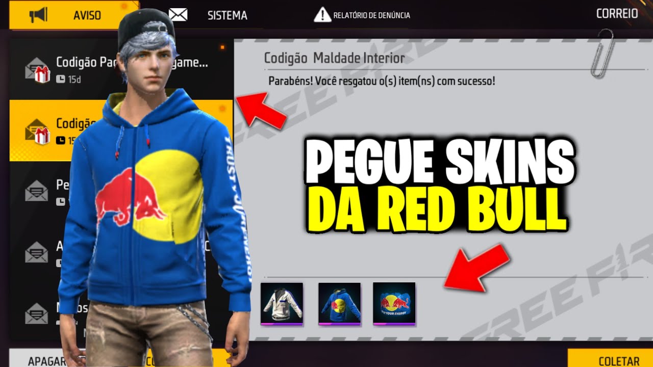 URGENTE! PEGUEI A SKIN GRÁTIS🔥 CODIGUIN RED BULL E PREMIOS GRATIS NO FREE FIRE