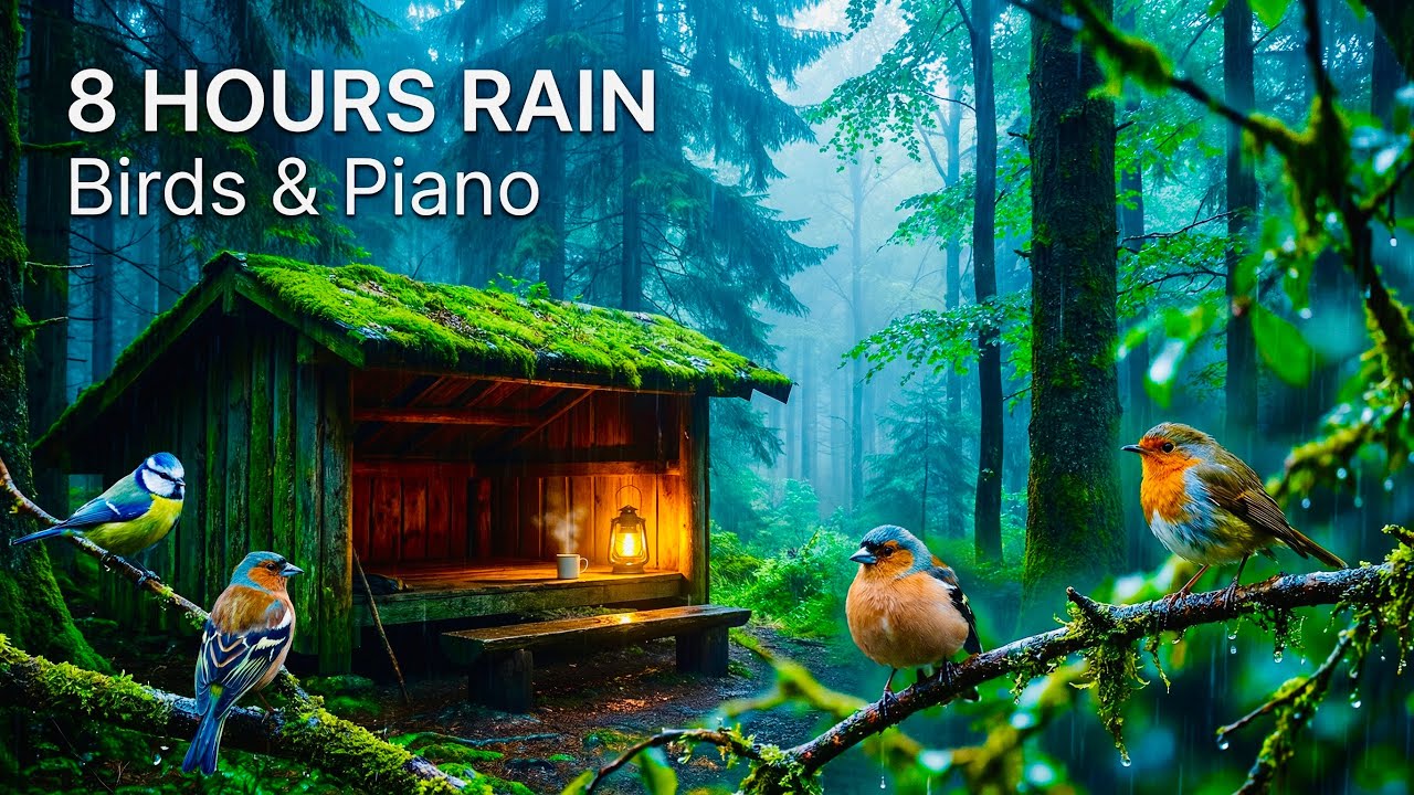 8 Hours Rain Ambience with Birds & Soft Piano Music 🌧️ Relaxing Rain Sounds for Sleep & Study