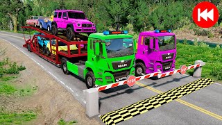 Double Flatbed Trailer Truck | Cars vs Train | Cars vs Canons | REVERSED | Beamng Drive #8