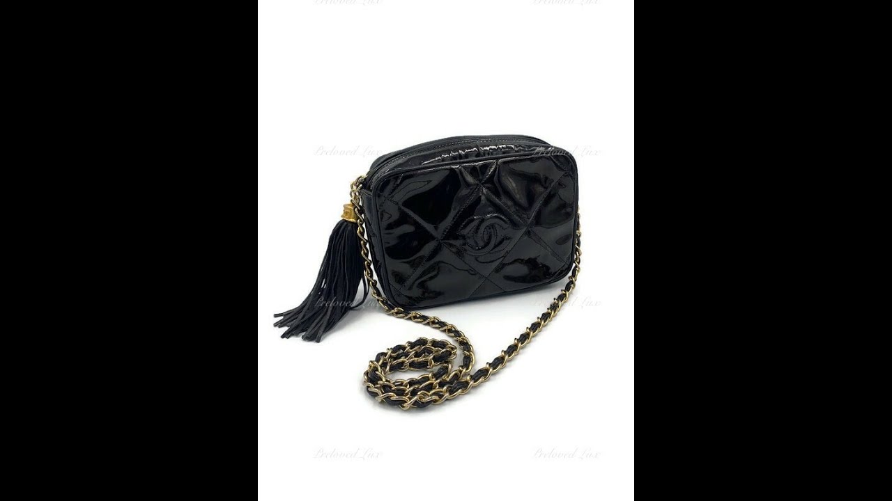 Chanel Black Patent Leather Mini Camera Bag with Tassel