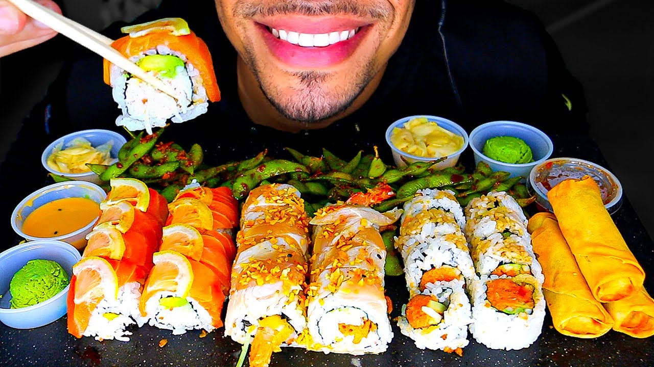 ASMR EATING SUSHI PLATTER MUKBANG CHALLENGE EGG ROLLS SUSHI ROLLS