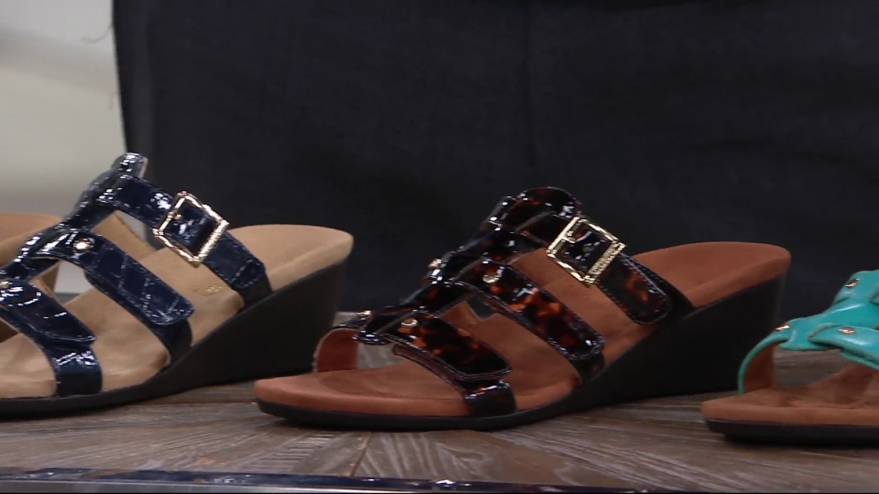 Vionic Orthotic Adj. Triple Strap Slide Wedges Radia on QVC YouTube