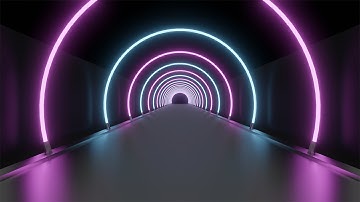 Neon tunnel of pink-blue round flashing arches on a dark background. Gloss. Video Loop | 10 minutes