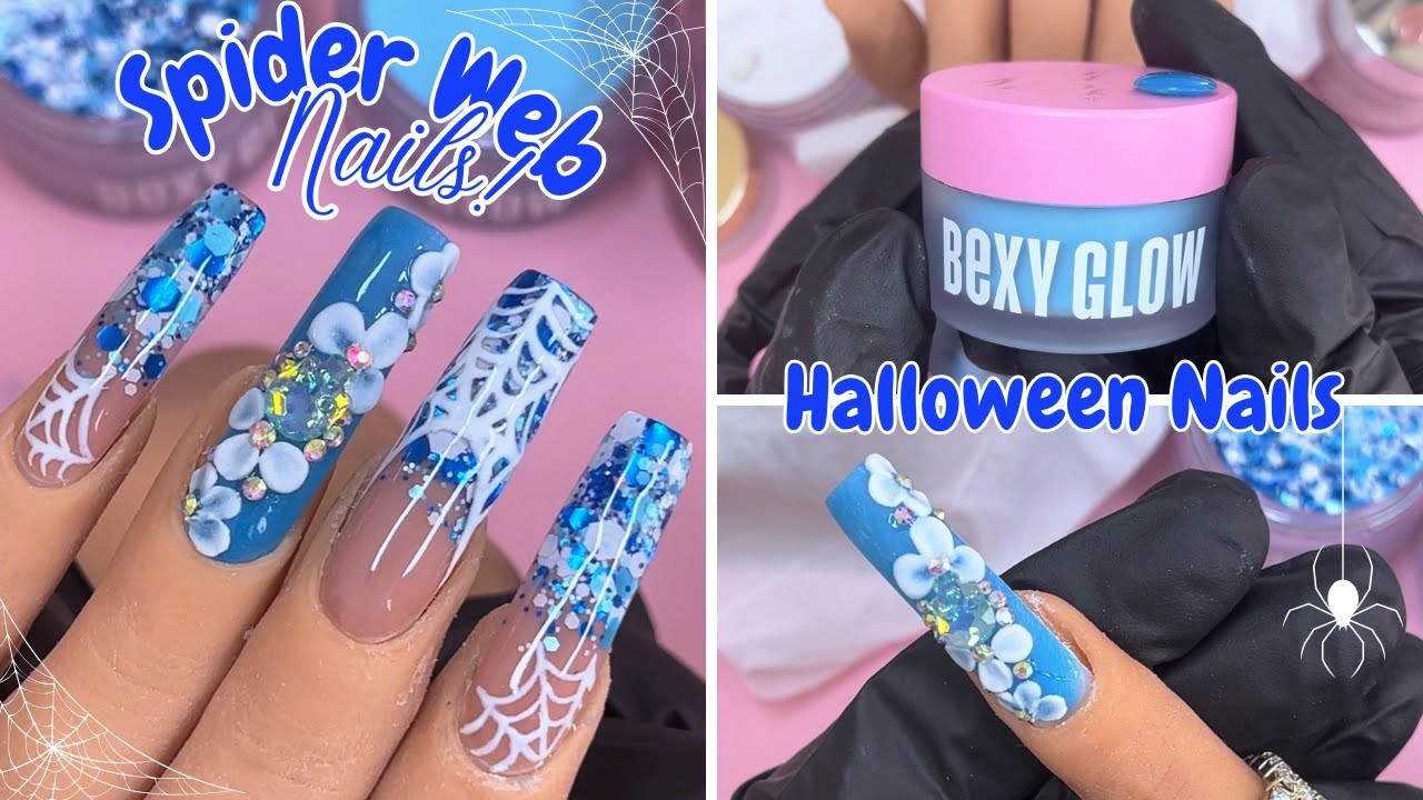 BLUE GLITTER HALLOWEEN NAILS| ACRYLIC NAIL TUTORIAL| SQUARE NAILS|